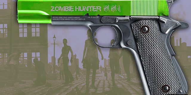 The toy gun was neon green and black with an orange tip featuring the words on the handle: “Zombie Hunter.” (Photo illustration)