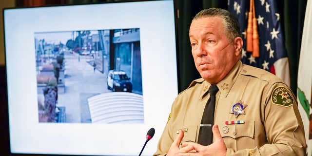 Los Angeles County Sheriff Alex Villanueva comments on the investigation of the shooting of two deputies during a news conference at the Hall of Justice in downtown Los Angeles on Thursday. (Associated Press)