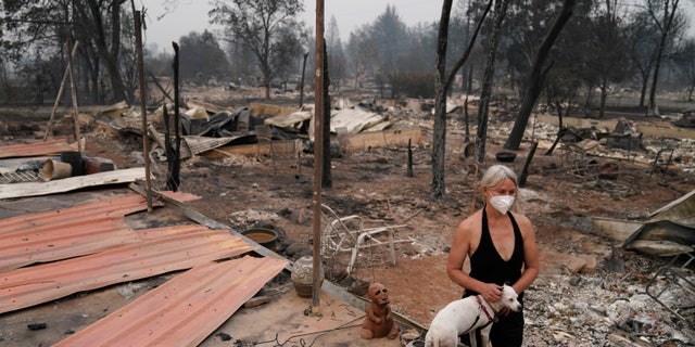 Eden McCarthy destroyed his dog Hina in the rubble of his home by the Alameda Fire, Ore. On Thursday. (AP) was in