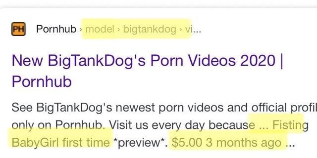 Search screenshot shows BigTankDog's Pornhub profile with monetized content (Credit: Exodus Cry)