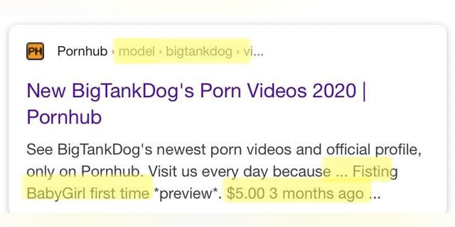 Search screenshot shows BigTankDog's Pornhub profile with monetized content (Credit: Exodus Cry)