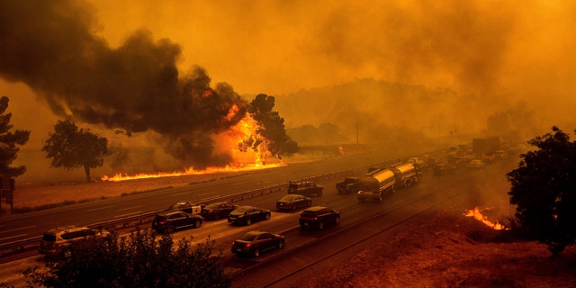 In this Wednesday, Aug. 19, 2020, file photo, flames from the LNU Lightning Complex fires jump Interstate 80 in Vacaville, Calif.