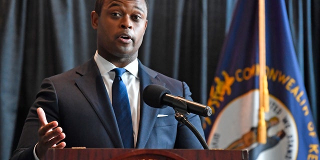 Kentucky Attorney General Daniel Cameron addresses the media following the return of a grand jury investigation into the death of Breonna Taylor, in Frankfort, Ky., on Wednesday.