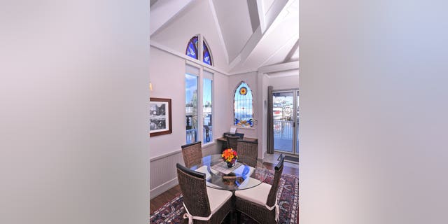 Original features like a 30-foot steeple and seven stained-glass windows were preserved.