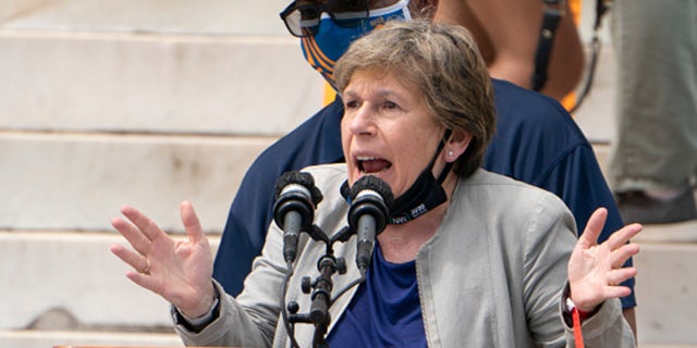 Randi Weingarten, president of American Federation of Teachers, speaks, along with Everett Kelley, left, National President of the American Federation of Government Employees, during the "Commitment March: Get Your Knee Off Our Necks" protest against racism and police brutality, on August 28, 2020, in Washington, DC. Weingarten has been in touch with the CDC about school reopening guidelines, emails show.<br><br>
(Photo by Jacquelyn Martin / POOL / AFP) (Photo by JACQUELYN MARTIN/POOL/AFP via Getty Images)