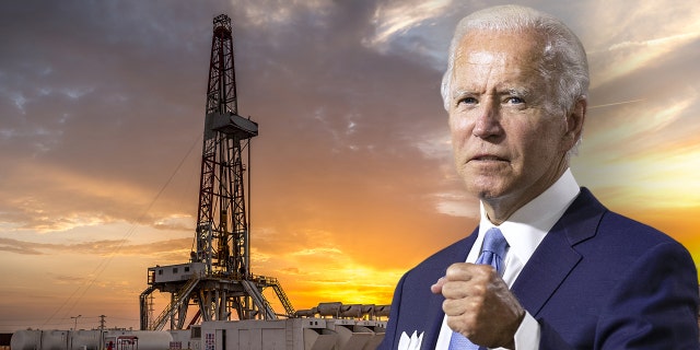 President Biden and an oil field in the background.