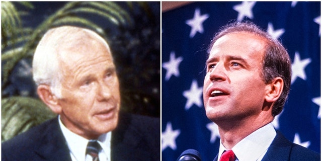 Johnny Carson, left, poked fun at then-presidential candidate Sen. Joe Biden in 1987.