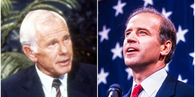 Johnny Carson, left, poked fun at then-presidential candidate Sen. Joe Biden in 1987.