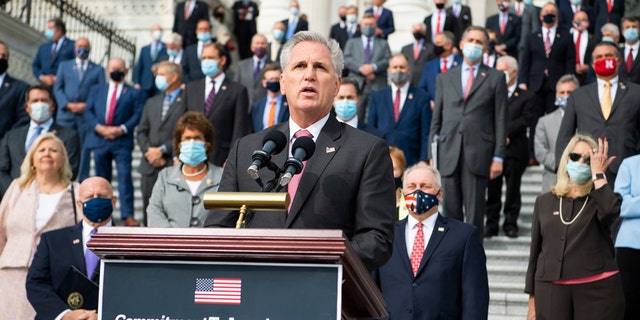 UNITED STATES - SEPTEMBER 15: House Minority Leader Kevin McCarthy, R-Calif., along with House Republicans, conduct an event on the House steps of the Capitol to announce the Commitment to America, agenda on Tuesday, September 15, 2020. The plan outlines ways to restore our way of life, rebuild the greatest economy in history, and renew the American dream. (Photo By Tom Williams/CQ-Roll Call, Inc via Getty Images)