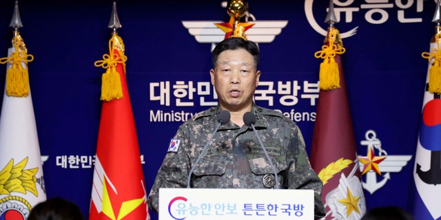 Lt. Gen. Ahn Young Ho, a top official at the South Korean military's office of the Joint Chiefs of Staff, speaks during a press conference at the Defense Ministry in Seoul, South Korea, Thursday, Sept. 24, 2020. (Associated Press)