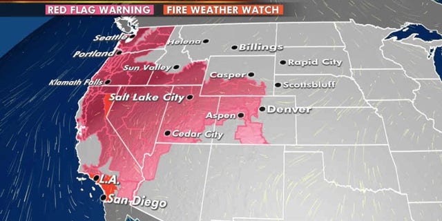 The wildfire danger expands on Monday across the West.