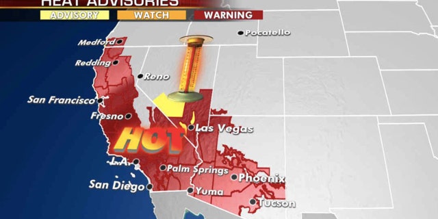 Excessive heat warnings stretch from the Southwest up through Oregon on Monday.