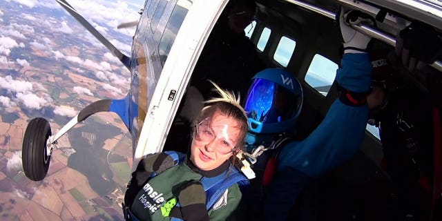 Jason Pack had planned ahead to create the ultimate romantic scene to top his girlfriend Katie Line’s first-ever parachute jump. (SWNS)