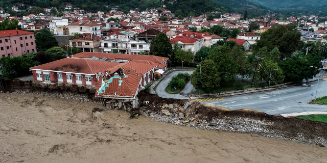 The medical centre of Mouzaki village is seen partially collapsed after a storm, near Karditsa town, Saturday, Sept. 19, 2020.