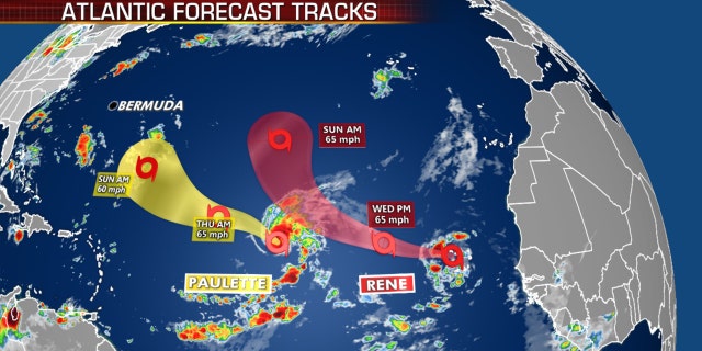 The forecast track of Tropical Storms Paulette and Rene.