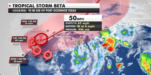 The forecast track of Tropical Storm Beta.