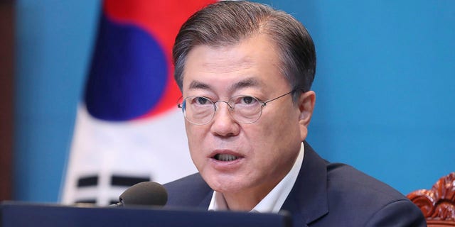 Moon speaks during a meeting with his senior secretaries at the presidential Blue House in Seoul, South Korea, on Monday. (Lee Jin-wook/Yonhap via AP)