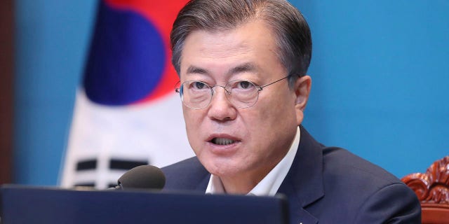 South Korean President Moon Jae-in speaks during a meeting with his senior secretaries at the presidential Blue House in Seoul, South Korea, Monday, Sept. 28, 2020. (Lee Jin-wook/Yonhap via AP)