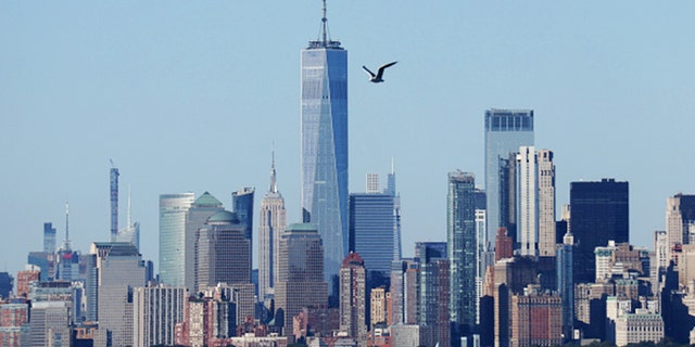 A seagull flies past One World Trade Center and the Empire State Building as seen from the Staten Island Ferry on Sept. 4, 2020, in New York City.