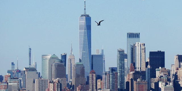 A seagull flies past One World Trade Center and the Empire State Building as seen from the Staten Island Ferry on Sept. 4, 2020, in New York City.