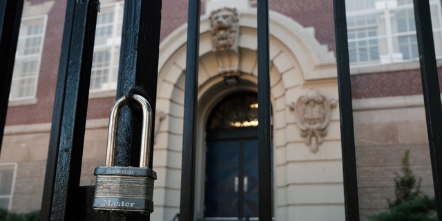 The gate is locked at a public school in Brooklyn on September 01, 2020 in New York City.  (Photo by Spencer Platt/Getty Images)