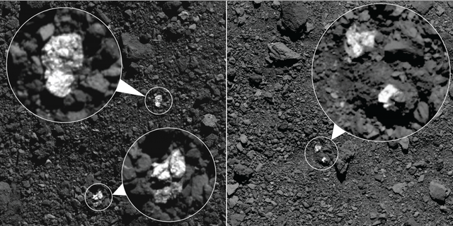 During spring 2019, NASA’s OSIRIS-REx spacecraft captured these images, which show fragments of asteroid Vesta present on asteroid Bennu’s surface. The bright boulders (circled in the images) are pyroxene-rich material from Vesta. Some bright material appear to be individual rocks (left) while others appear to be clasts within larger boulders (right). (Credits: NASA/Goddard/University of Arizona)