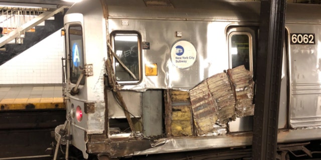 A subway train in New York City derailed after striking debris on the tracks in Manhattan on Sept. 20, 2020.