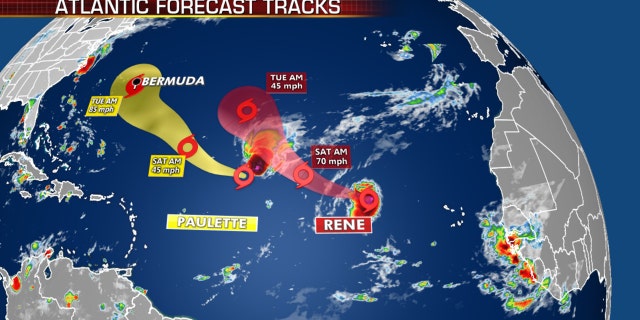 The forecast tracks of Tropical Storms Paulette and Rene.