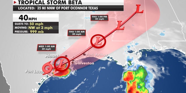 The forecast track of Tropical Storm Beta