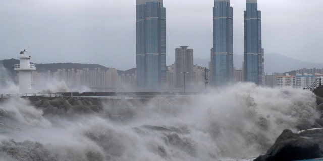 High waves crash shore as Typhoon Haishen approaches in Busan, South Korea, Monday, Sept. 7, 2020.