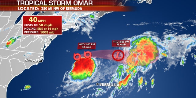 The forecast track of Tropical Storm Omar.