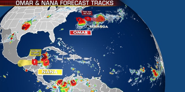 Nana and Omar, two tropical storms, can be seen with their respective forecast tracks.