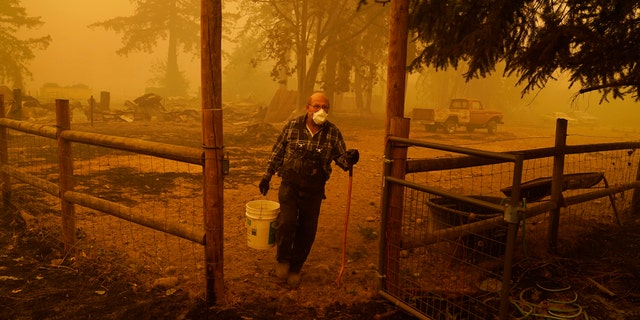 George Coble carries a bucket of water to put out a tree still smoldering on his property destroyed by a wildfire Saturday, Sept. 12, 2020, in Mill City, Ore.
