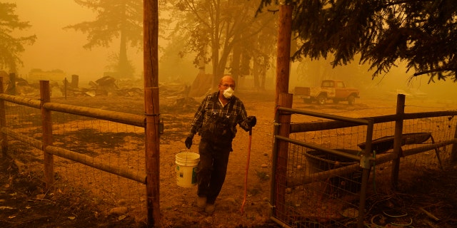 George Coble carries a bucket of water to put out a tree still smoldering on his property destroyed by a wildfire Saturday, Sept. 12, 2020, in Mill City, Ore.