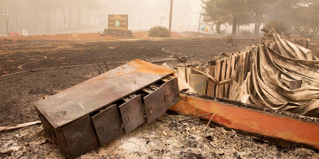 Flames from the Beachie Creek Fire destroyed the Oregon Department of Forestry, North Cascade District Office in Lyons, Ore., Sunday, Sept. 13, 2020.