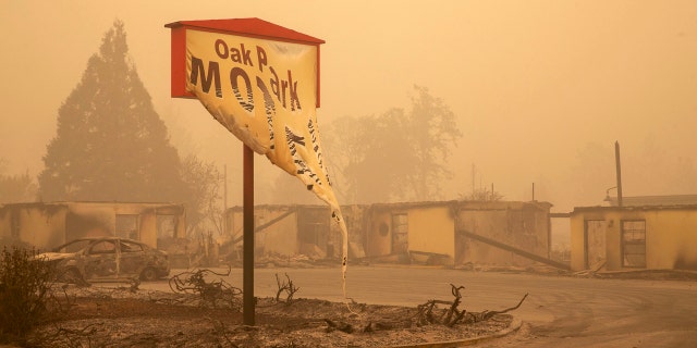 The Oak Park Motel was destroyed by the flames of the Beachie Creek Fire east of Salem, Ore., Sunday, Sept. 13, 2020.