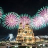 Fireworks explode over the Cathedral of Russian Armed Forces during the Spasskaya Tower military music festival in Kubinka, Russia, Sept. 6, 2020. 