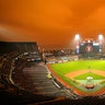 Smoke from California wildfires obscures the sky over Oracle Park as the Seattle Mariners take batting practice before their baseball game against the San Francisco Giants in San Francisco, Sept. 9, 2020.