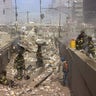 New York firefighters amid the rubble of the World Trade Center following the 9/11 attacks.