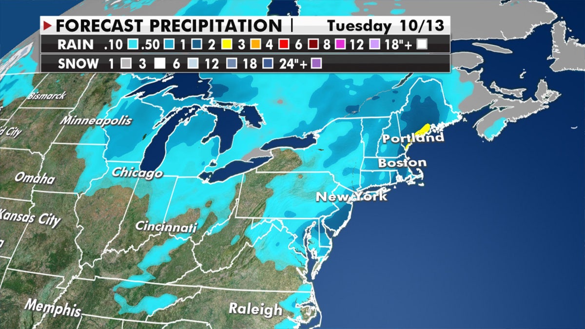 Forecast rain amounts through Tuesday across the Northeast.