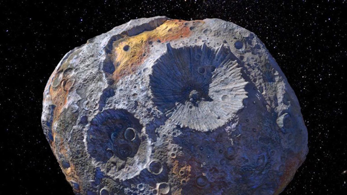 Artist's concept of the asteroid 16 Psyche, which is thought to be a stripped planetary core. (Credit: Maxar/ASU/P. Rubin/NASA/JPL-Caltech)