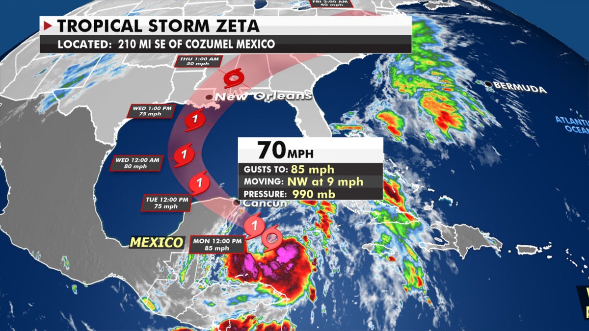 The forecast track of Tropical Storm Zeta.