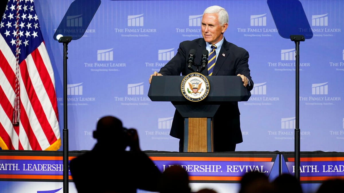 Vice President Mike Pence speaks at an event hosted by The Family Leader Foundation Thursday, Oct. 1, 2020, in Des Moines, Iowa.?