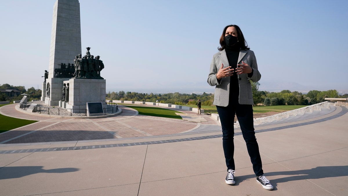 Democratic vice presidential candidate, Sen. Kamala Harris, D-Calif., speaks after visiting the This Is the Place Monument, Saturday, Oct. 3, 2020, in Salt Lake City. The monument commemorates the end of the westward journey of Mormon pioneers to Utah as well as early explorers of the West. (AP Photo/Patrick Semansky)