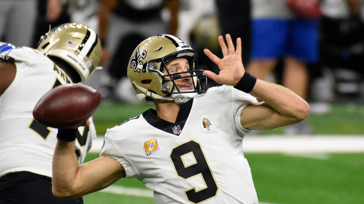 New Orleans Saints quarterback Drew Brees throws during the first half of an NFL football game against the Detroit Lions, Sunday, Oct. 4, 2020, in Detroit.
