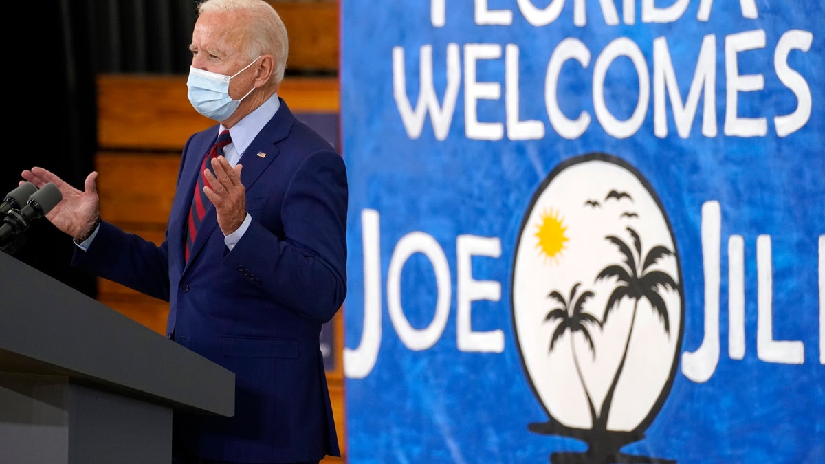 Democratic presidential candidate former Vice President Joe Biden speaks at Jose Marti Gym, Monday, Oct. 5, 2020, in Miami. (AP Photo/Andrew Harnik)
