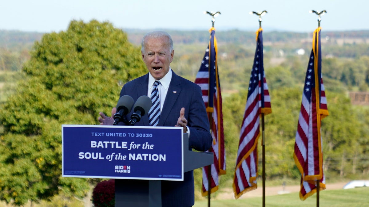 Democratic presidential candidate former Vice President Joe Biden speaks at Gettysburg National Military Park in Gettysburg, Pa., Tuesday, Oct. 6, 2020. (AP Photo/Andrew Harnik)