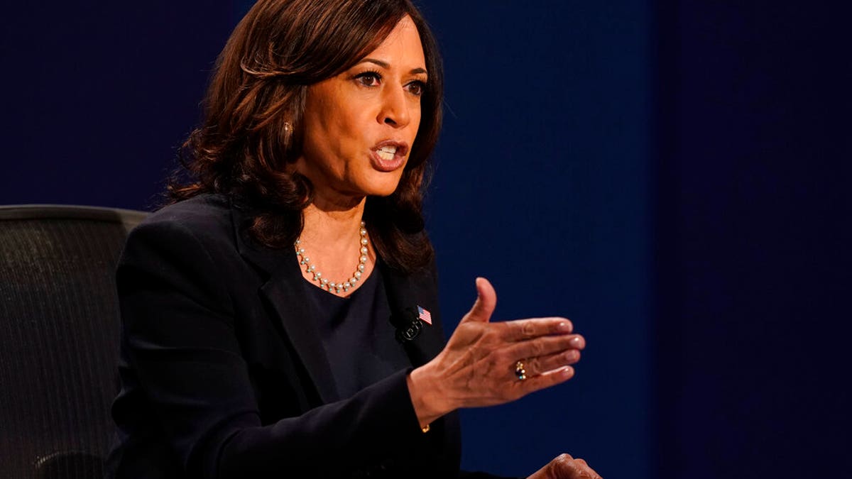 Democratic vice presidential candidate Sen. Kamala Harris, D-Calif., makes a point during the vice presidential debate with Vice President Mike Pence Wednesday, Oct. 7, 2020, at Kingsbury Hall on the campus of the University of Utah in Salt Lake City. (Associated Press)
