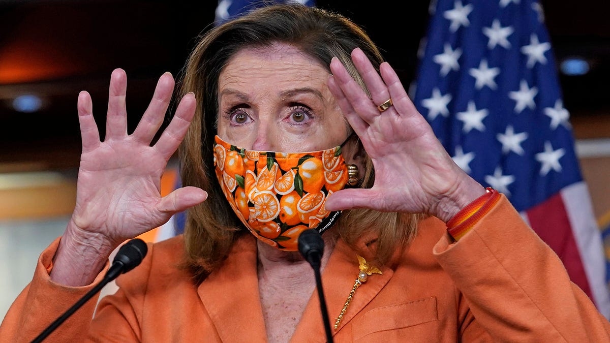 Pelosi meets with reporters at the Capitol in Washington, Oct. 8, 2020. (AP Photo/J. Scott Applewhite)