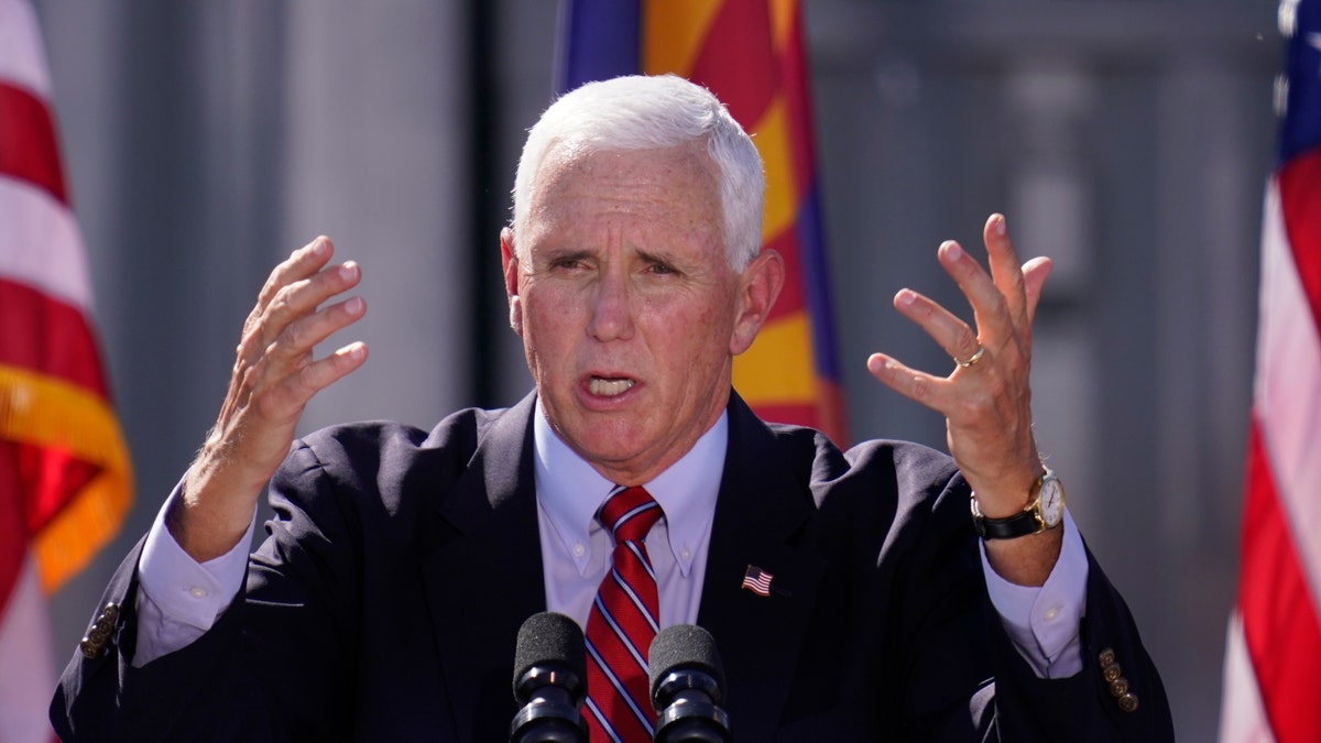 Vice President Mike Pence speaks at a campaign rally at TYR Tactical Thursday, Oct. 8, 2020, in Peoria, Ariz. (AP Photo/Ross D. Franklin)